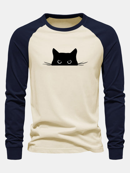 Black Cat Print Raglan Long Sleeve Cotton T-Shirt