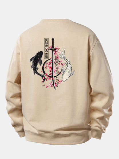 Moletom de modelagem confortável com estampa de samurai japonês, katana, peixe koi e sakura