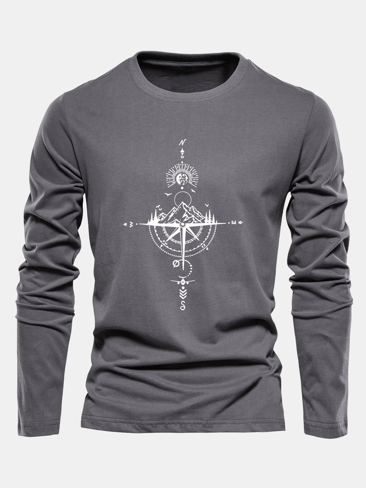 Compass & Mountain Print Long Sleeve Cotton T-Shirt