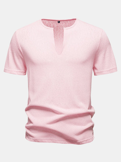 Lightweight Linen-Look Deep Notch Neck T-Shirt