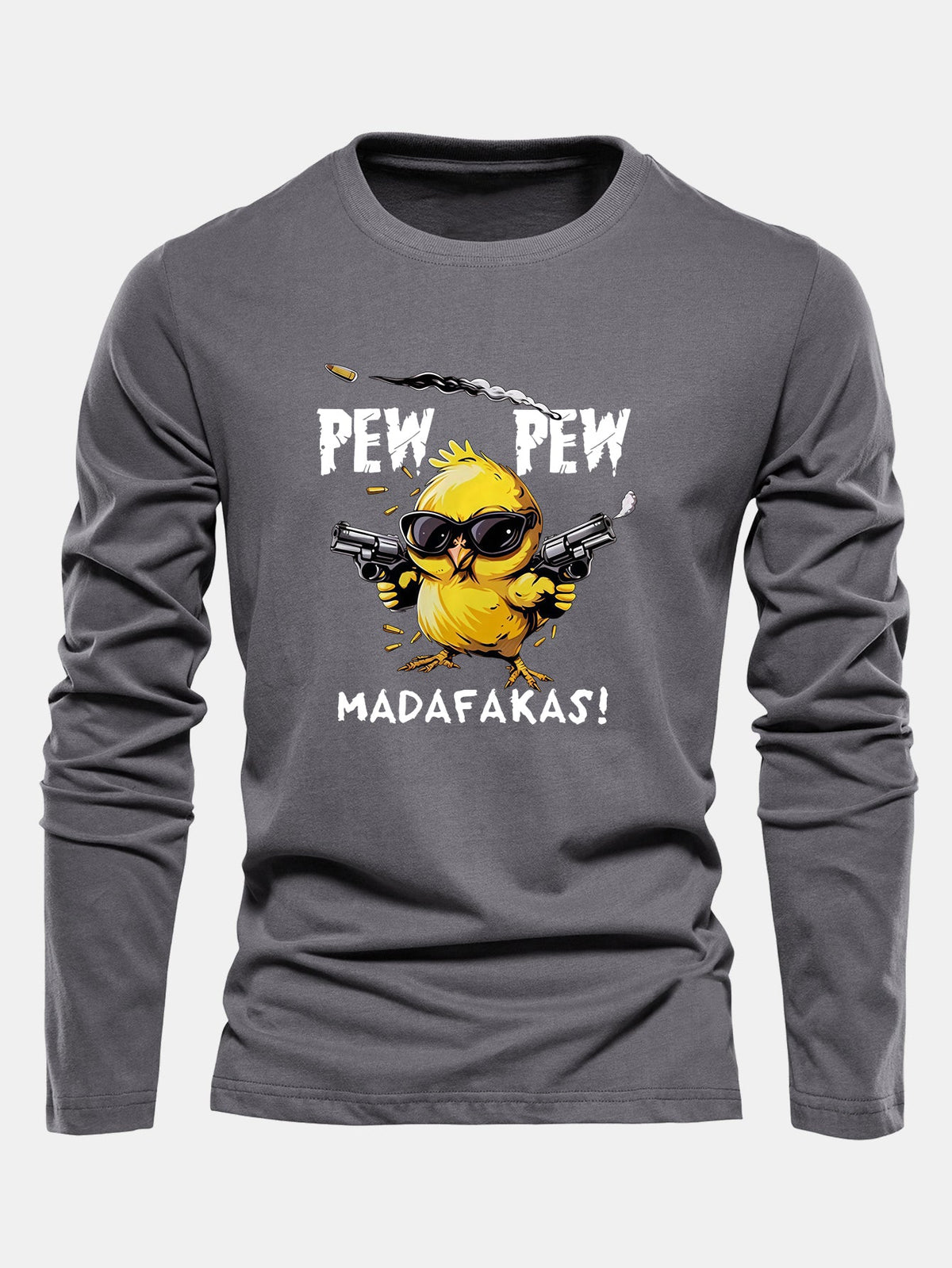 "Pew Pew" Chicken Print Long Sleeve Cotton T-Shirt