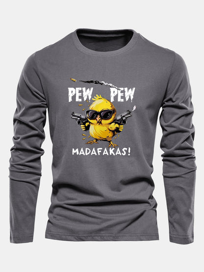 "Pew Pew" Chicken Print Long Sleeve Cotton T-Shirt