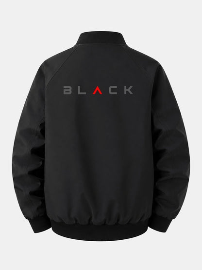 Jaqueta bomber preta estampada, de corte confortável e com zíper