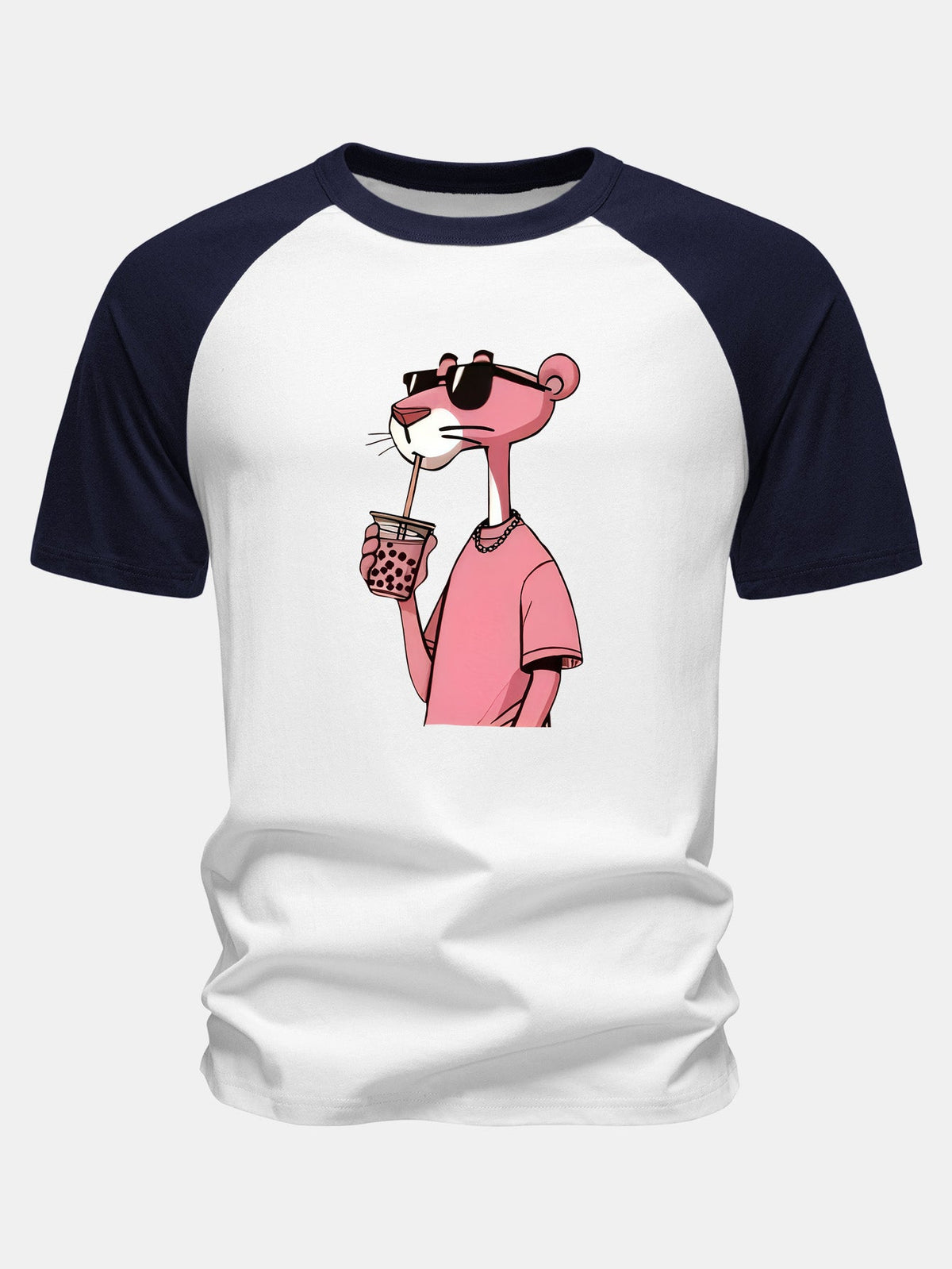 Camiseta de Algodão com Estampa da Pantera Cor-de-Rosa e Mangas Raglan