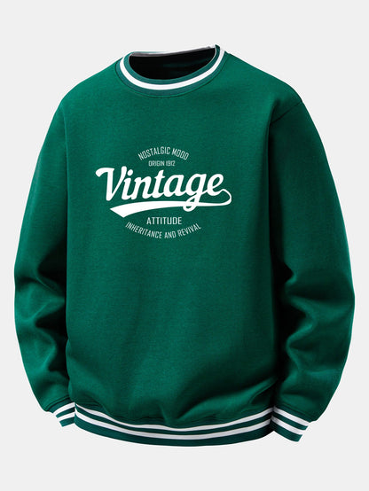 Vintage Print Striped Ribbed Crew Neck Sweatshirt