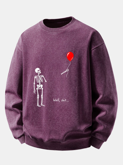 Balloon Skeleton Print Washed Distressed Sweatshirt