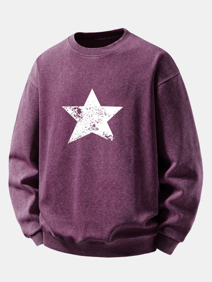 Star Print Washed Distressed Relaxed Sweatshirt