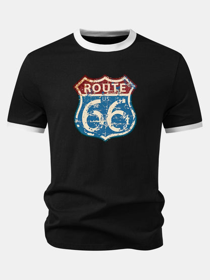Camiseta Vintage com Estampa da Rota 66 dos EUA e Detalhe Contrastante no Gola e Mangas