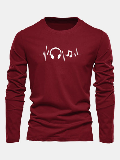 Camiseta de algodão com mangas longas e estampa de batimentos cardíacos musicais