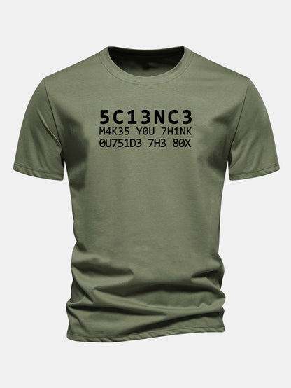 Camiseta de algodão com modelagem regular, estampa de citação científica em leetspeak