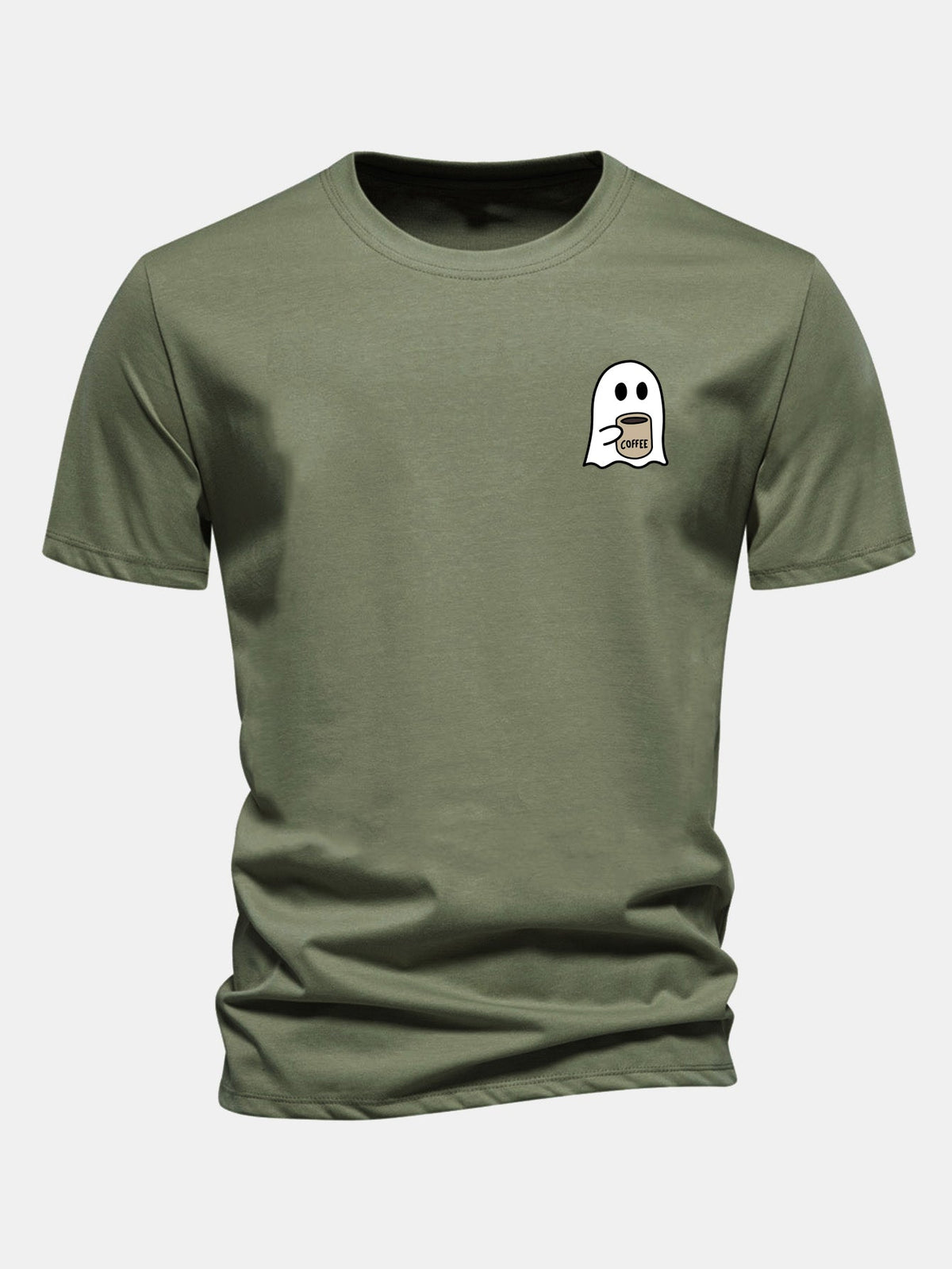 Camiseta de algodão com estampa de fantasma tomando café e caimento regular