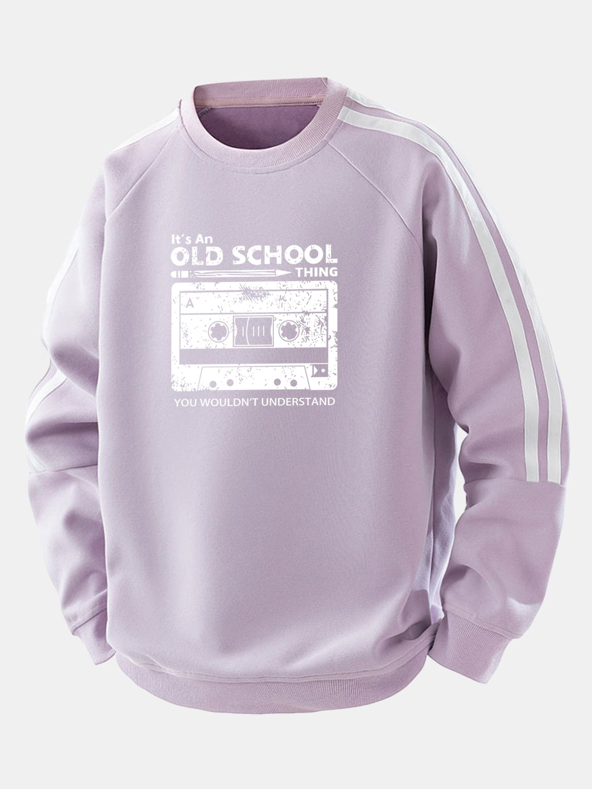 Moletom raglan listrado vintage com estampa de fita cassete e modelagem confortável