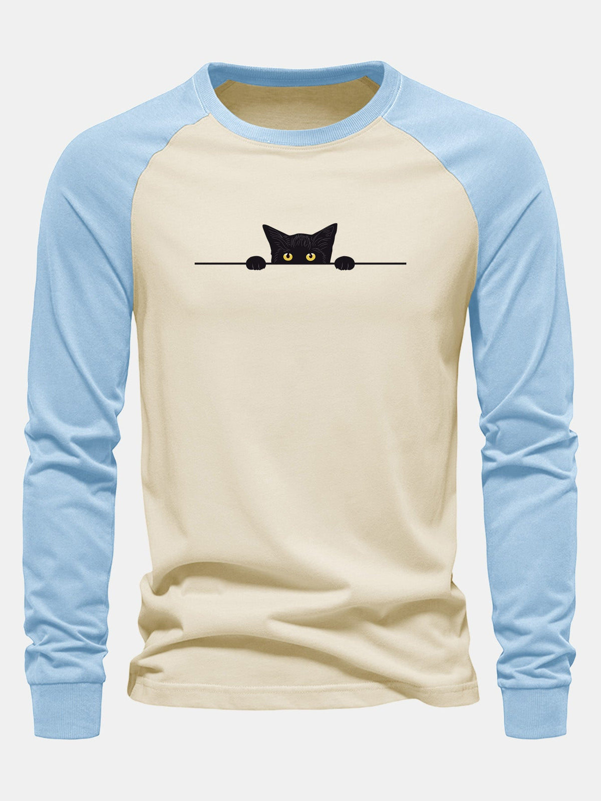 Black Cat Print Raglan Long Sleeve Cotton T-Shirt