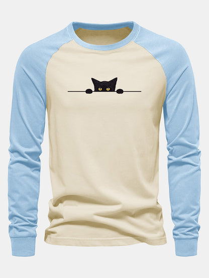 Black Cat Print Raglan Long Sleeve Cotton T-Shirt