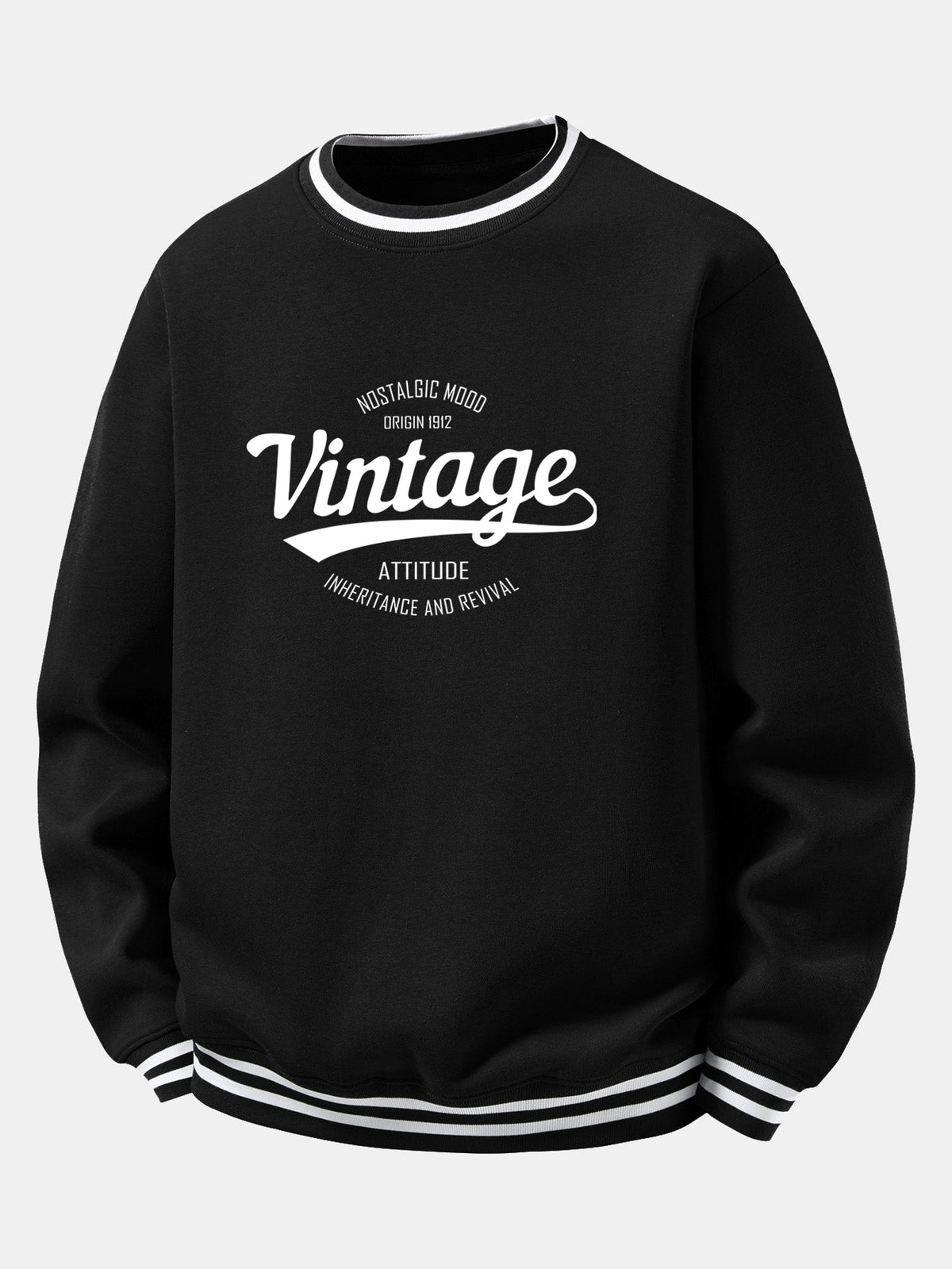 Vintage Print Striped Ribbed Crew Neck Sweatshirt