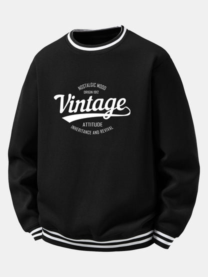 Vintage Print Striped Ribbed Crew Neck Sweatshirt