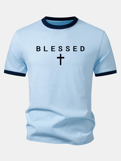 Blessed Cross Print Contrast Collar T-Shirt