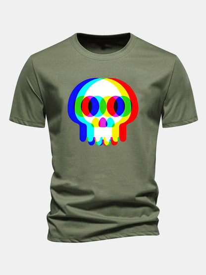 Glitch Skull Print Cotton T-Shirt