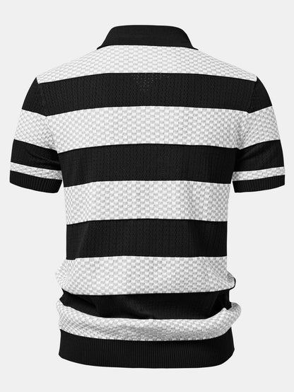 Polo de tricô texturizado listrado com decote em V