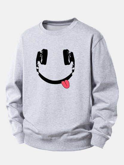 Moletom de caimento confortável com estampa de carinha sorridente usando fones de ouvido