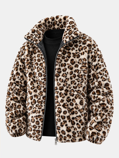 Leopard Print Faux Fur Zip Jacket