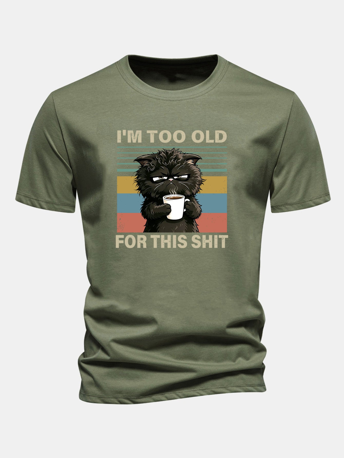 Camiseta de algodão preta de corte regular com estampa de gato preto “Estou velho demais para essa merda”