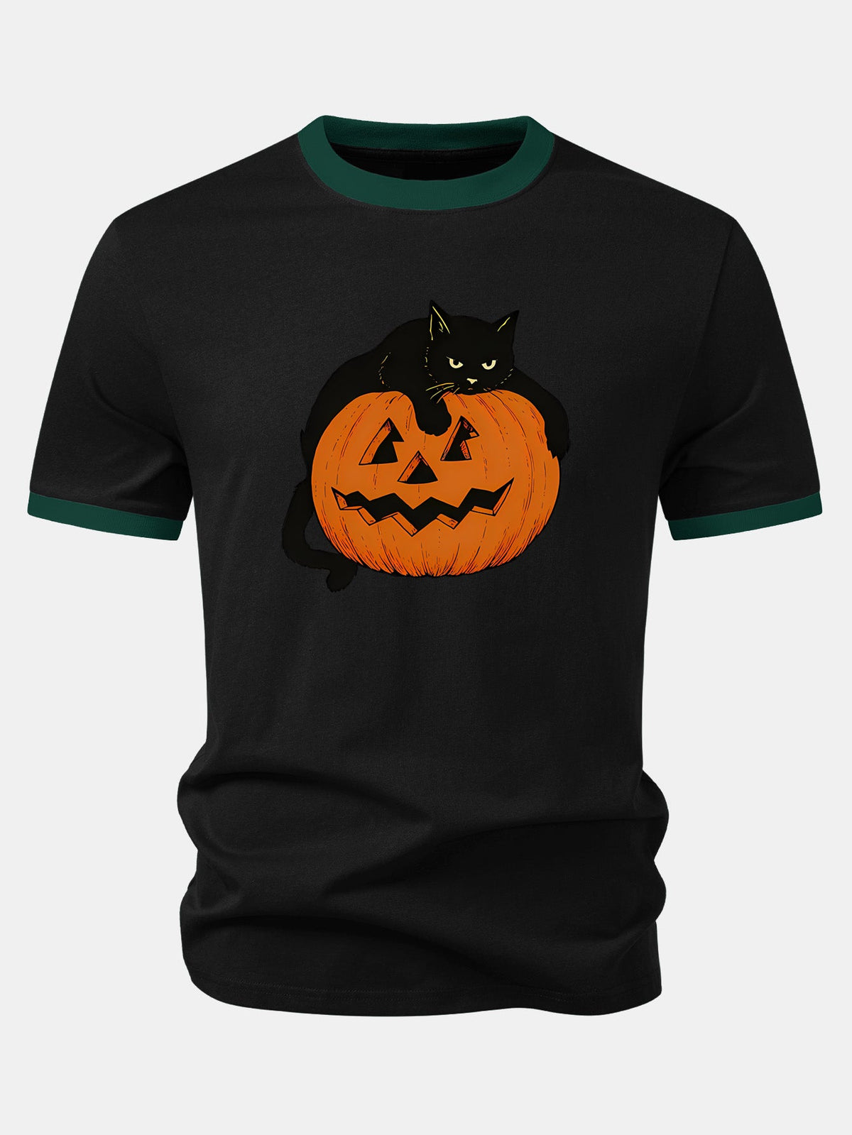 Camiseta Ringer de Contraste com Estampa de Gato Preto e Abóbora