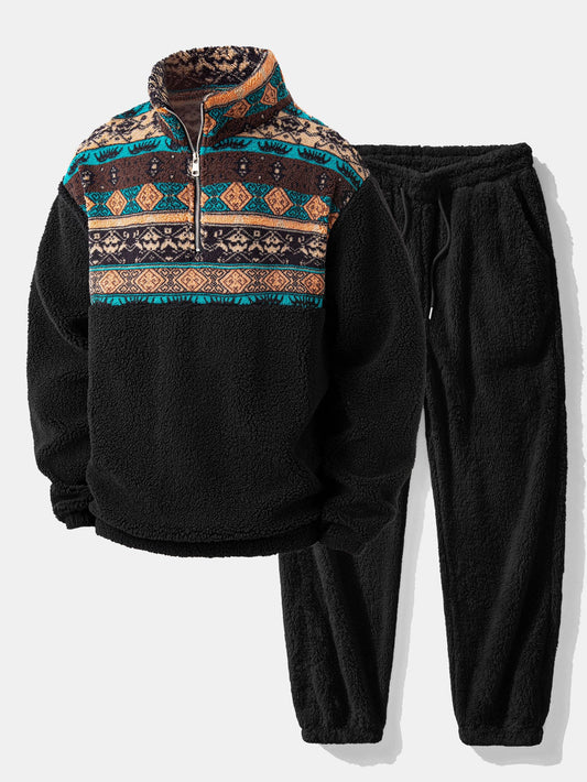 Geometric Patchwork Teddy Quarter-Zip & Joggers Set