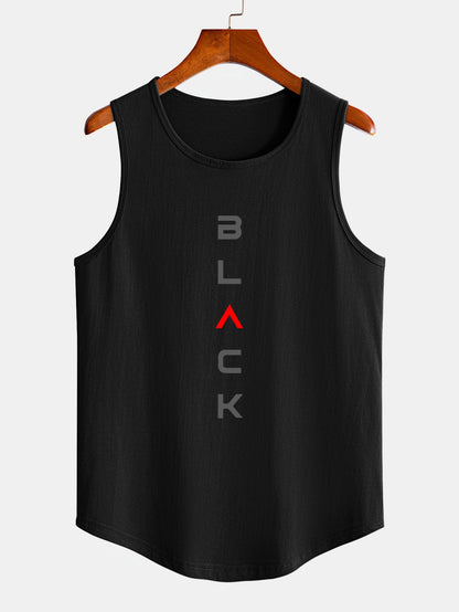 Black Print Curved Hem Cotton Muscle Tank