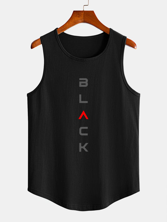 Black Print Curved Hem Cotton Muscle Tank