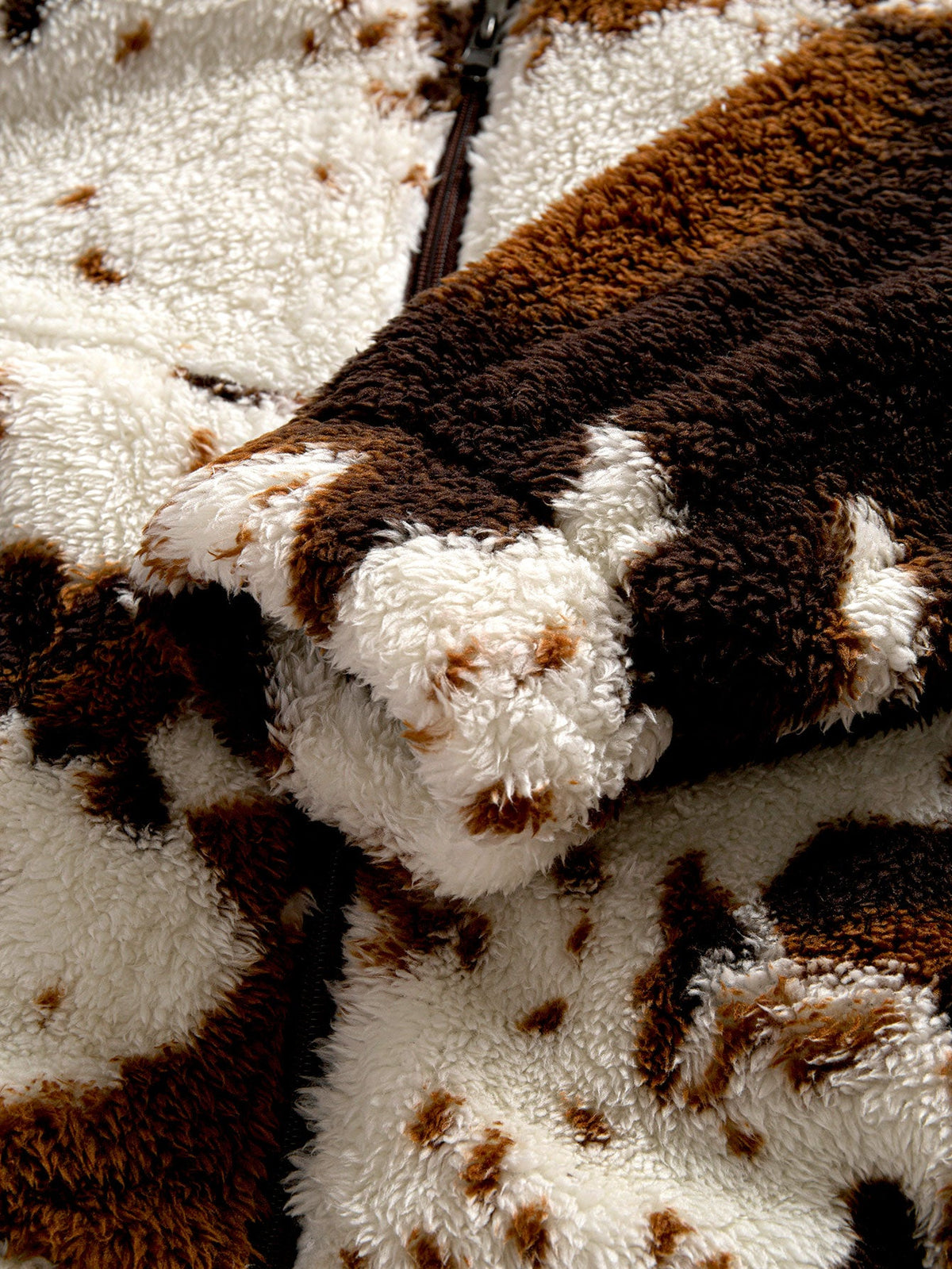 Cow Print Teddy Fleece Zip Hooded Jacket