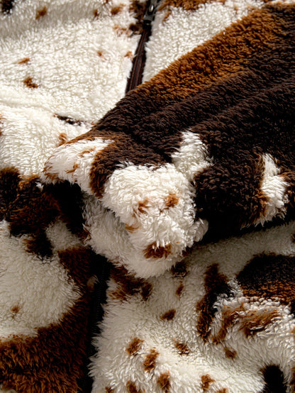 Cow Print Teddy Fleece Zip Hooded Jacket