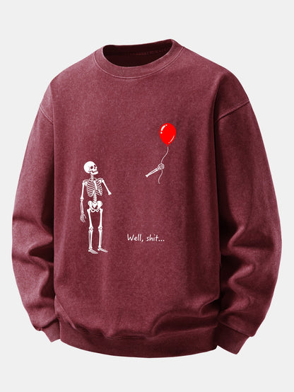 Balloon Skeleton Print Washed Distressed Sweatshirt