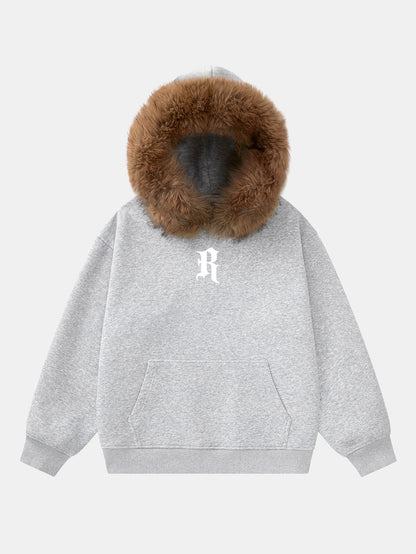 Letter R Print Faux Fur Trim Hoodie