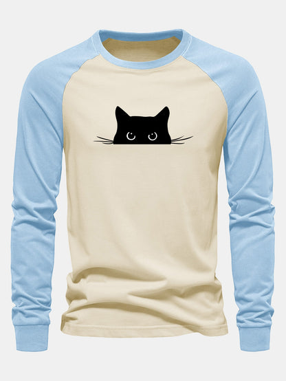 Black Cat Print Raglan Long Sleeve Cotton T-Shirt
