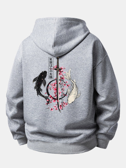 Moletom de caimento confortável com estampa de samurai japonês, katana, carpas koi e sakura