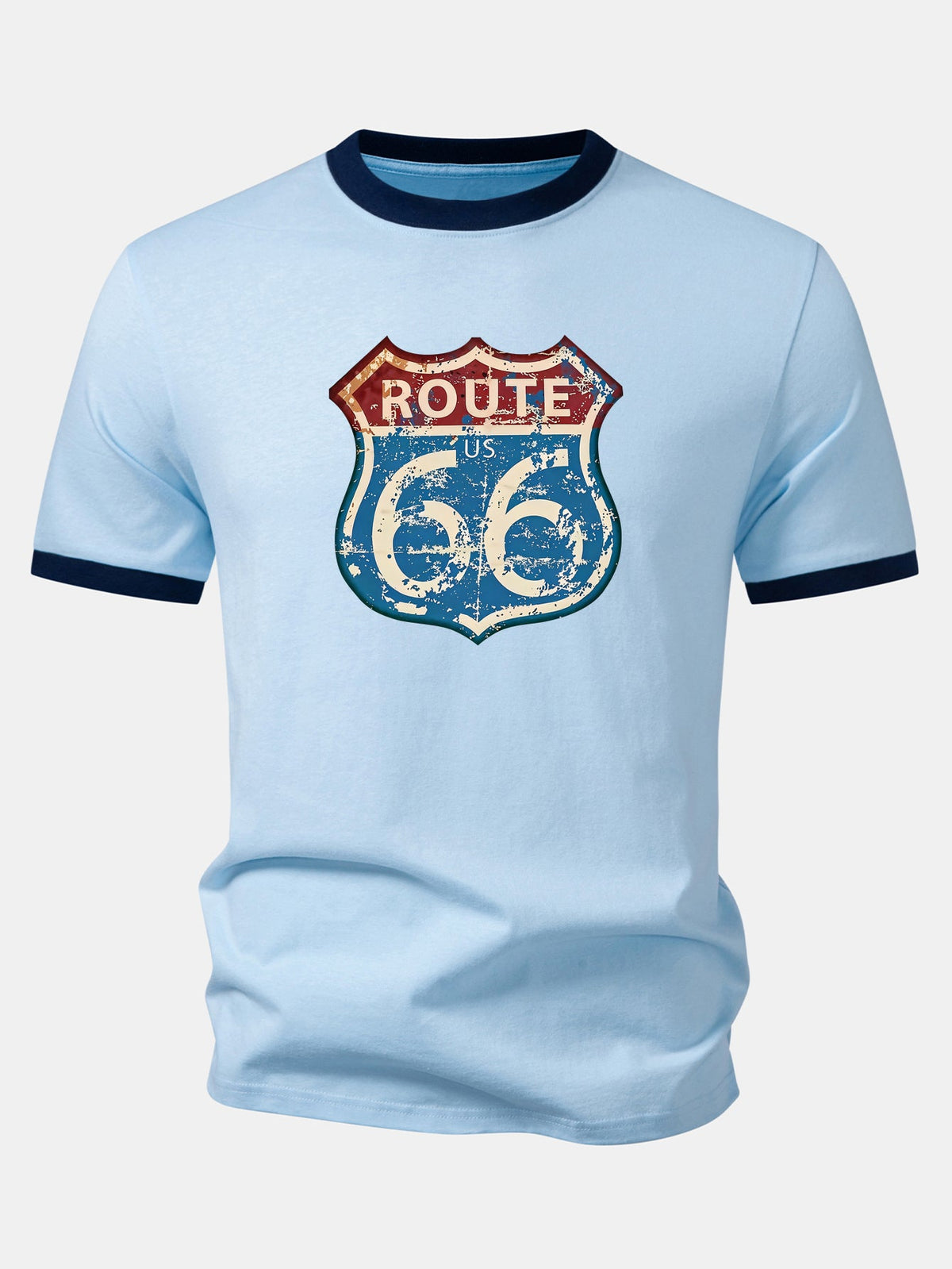 Camiseta Vintage com Estampa da Rota 66 dos EUA e Detalhe Contrastante no Gola e Mangas