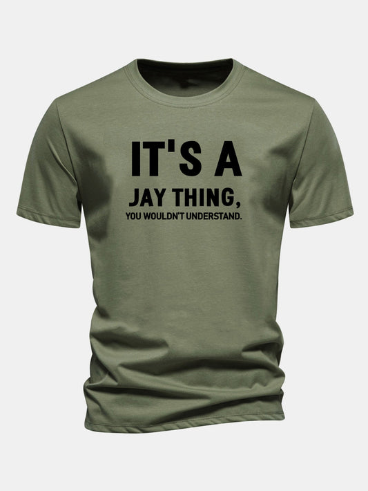 Camiseta de algodão com estampa “É Coisa do Jay” e corte regular