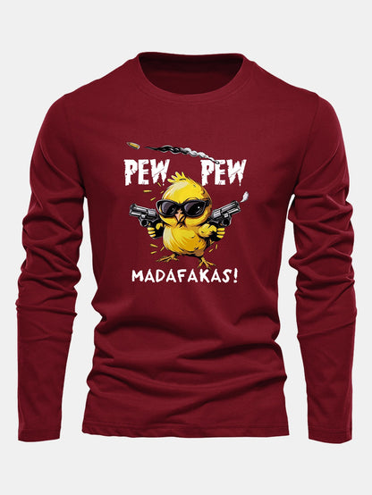 "Pew Pew" Chicken Print Long Sleeve Cotton T-Shirt