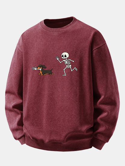 Skeleton & Dachshund Print Washed Distressed Sweatshirt