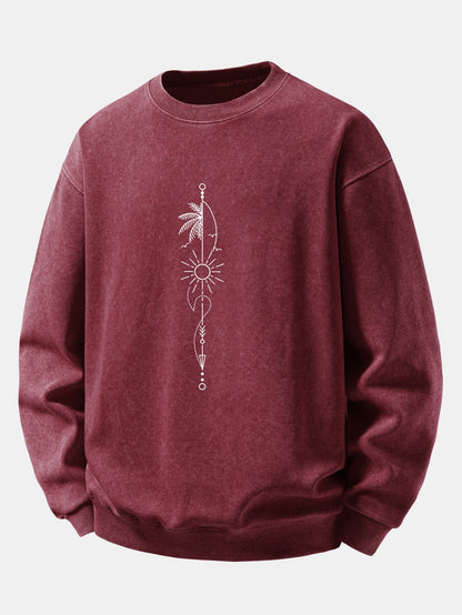 Sun, Palm & Arrow Print Washed Distressed Sweatshirt