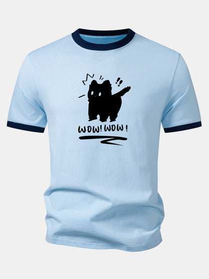 Camiseta com estampa de gato assustado, gola e mangas contrastantes
