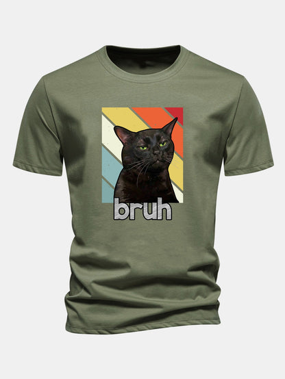 Camiseta de algodão preta com estampa de gato, corte regular, Bruh