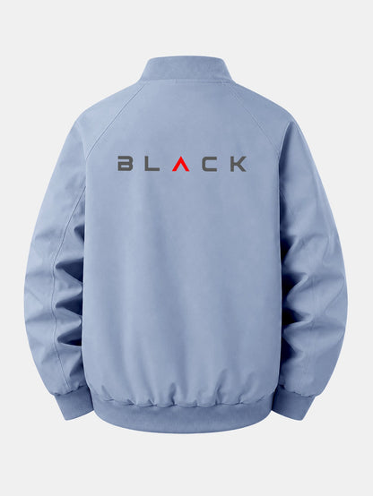 Jaqueta bomber preta estampada, de corte confortável e com zíper