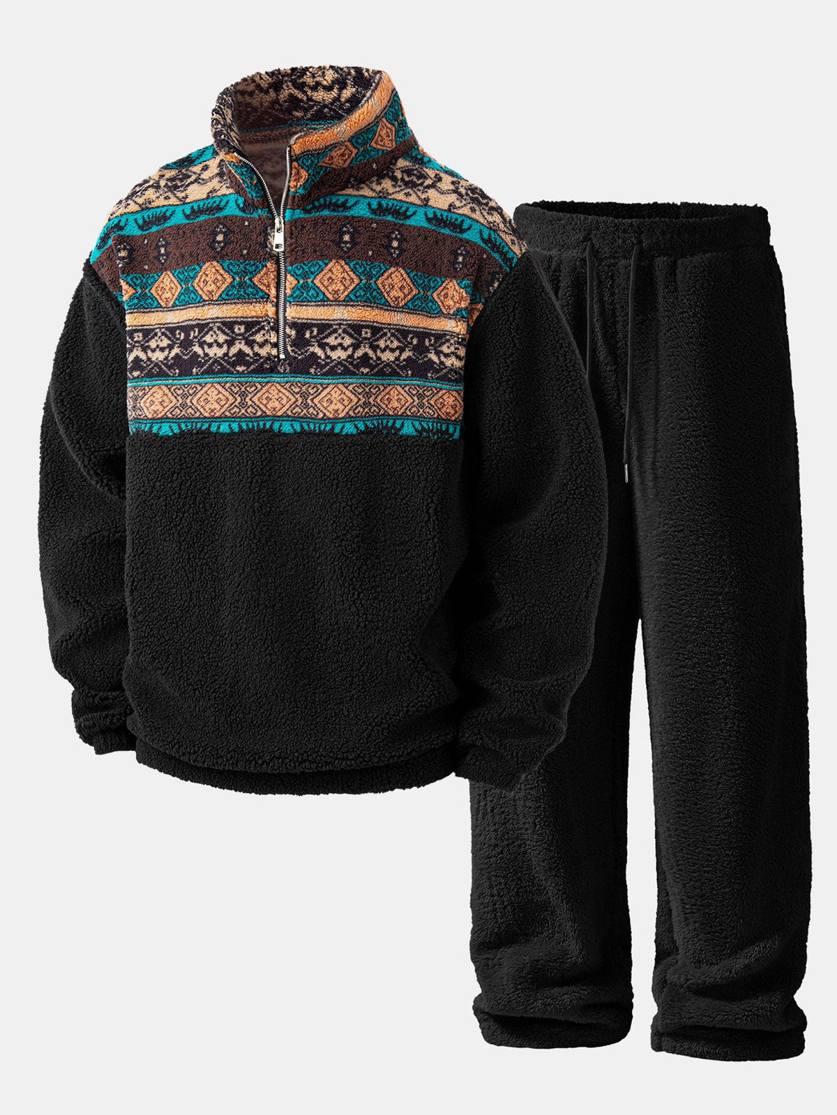 Geometric Patchwork Teddy Quarter-Zip & Straight Trousers Set