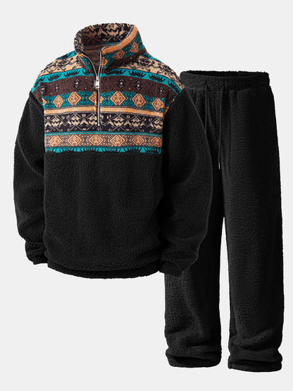Geometric Patchwork Teddy Quarter-Zip & Straight Trousers Set