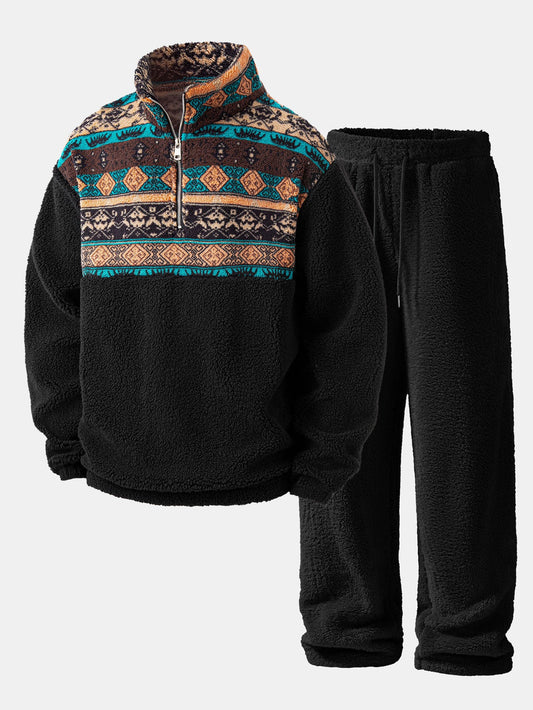 Geometric Patchwork Teddy Quarter-Zip & Straight Trousers Set