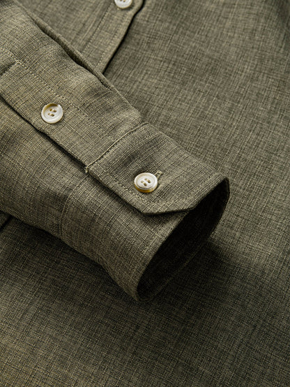 Linen-Look Grandad Collar Long Sleeve Shirt