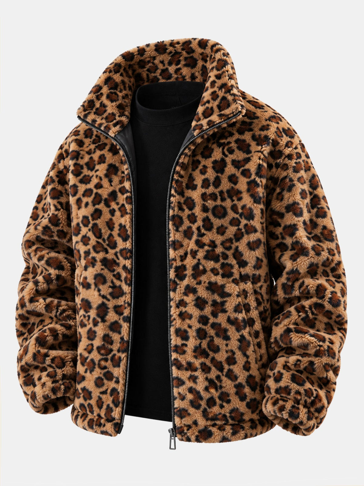 Leopard Print Faux Fur Zip Jacket