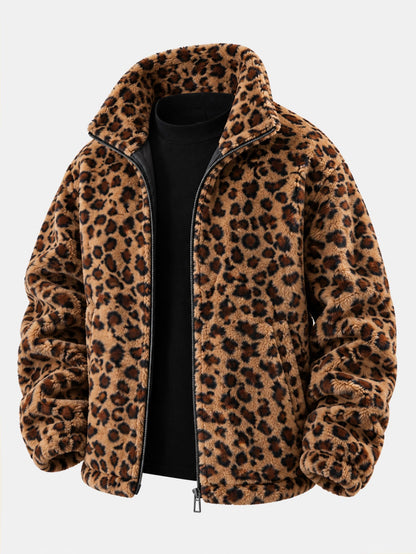 Leopard Print Faux Fur Zip Jacket